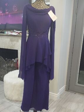 Elegant Purple Beaded Peplum Evening Jumpsuit